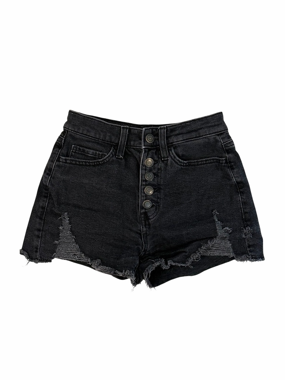 SO Juniors 1 High Rise Mom Denim Shorts Black Distressed Button Fly Stretch